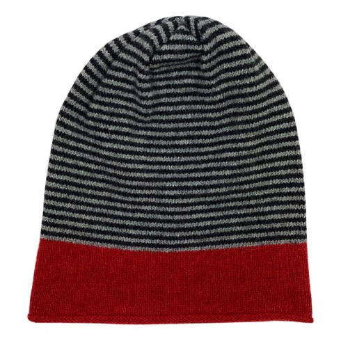 striped beanie charcoal with grey and red border